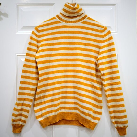 BRODIE CASHMERE Striped Mustard-Cream Turtleneck 100% Cashmere Sweater - Picture 1 of 8